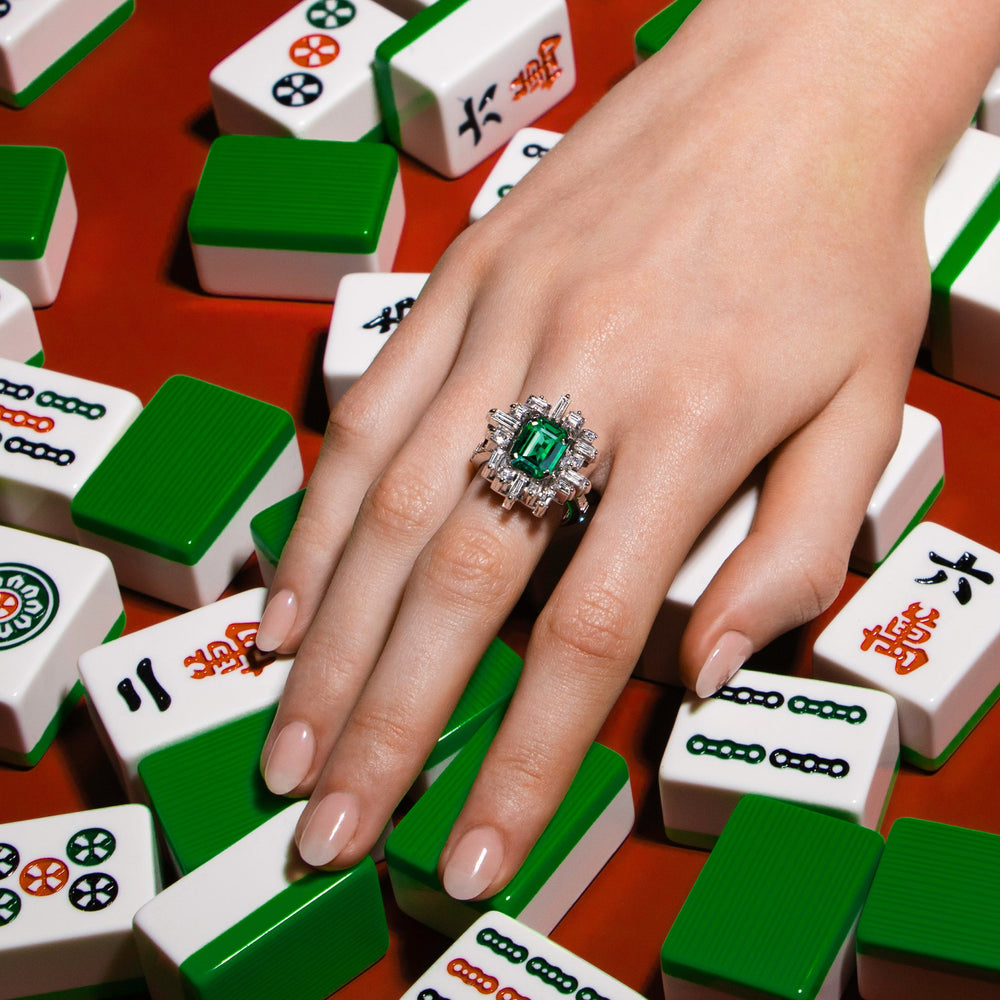 Stella diamond and Zambian green emerald ring set in 18ct white gold by Stefano Canturi