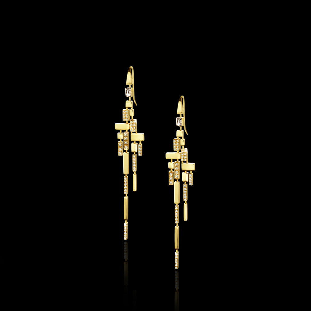 Cubism Pavé Diamond Earrings in Yellow Gold by Canturi – Handcrafted earrings featuring alternating pavé set diamonds in a modern rectangular and square formation, set in luxurious 18ct yellow gold.