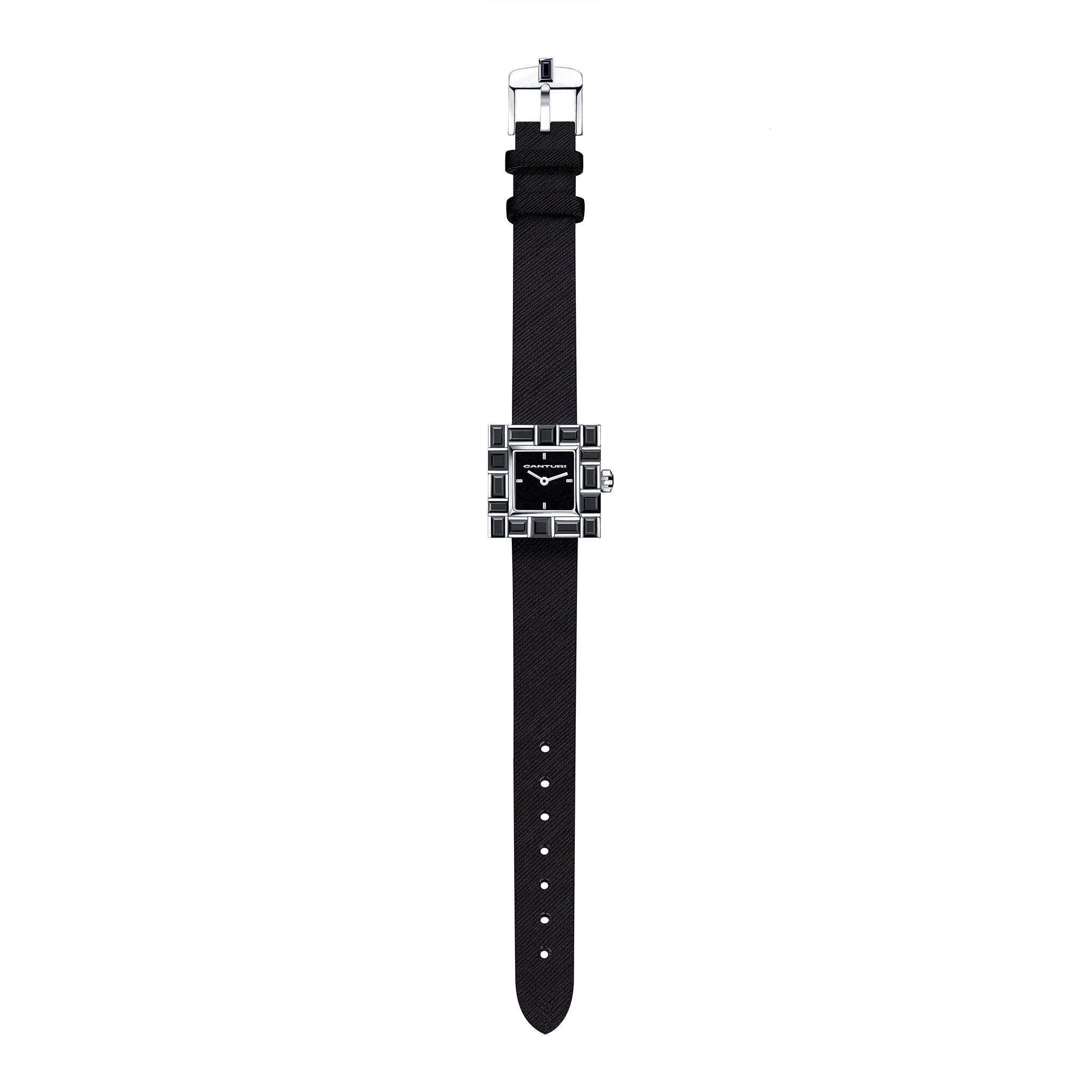 Canturi Australian black sapphire watch with black dial and Italian Leather Strap in white gold full view