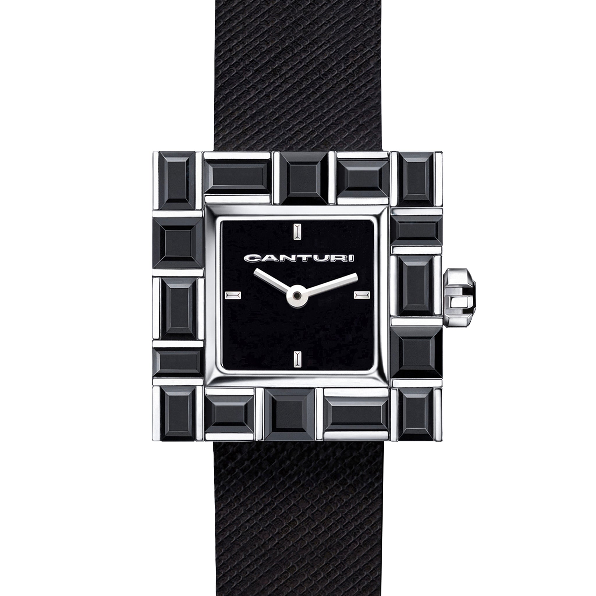 Canturi Australian black sapphire watch with black dial and Italian Leather Strap in white gold