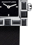 Canturi Australian black sapphire watch with black dial and Italian Leather Strap in white gold close up