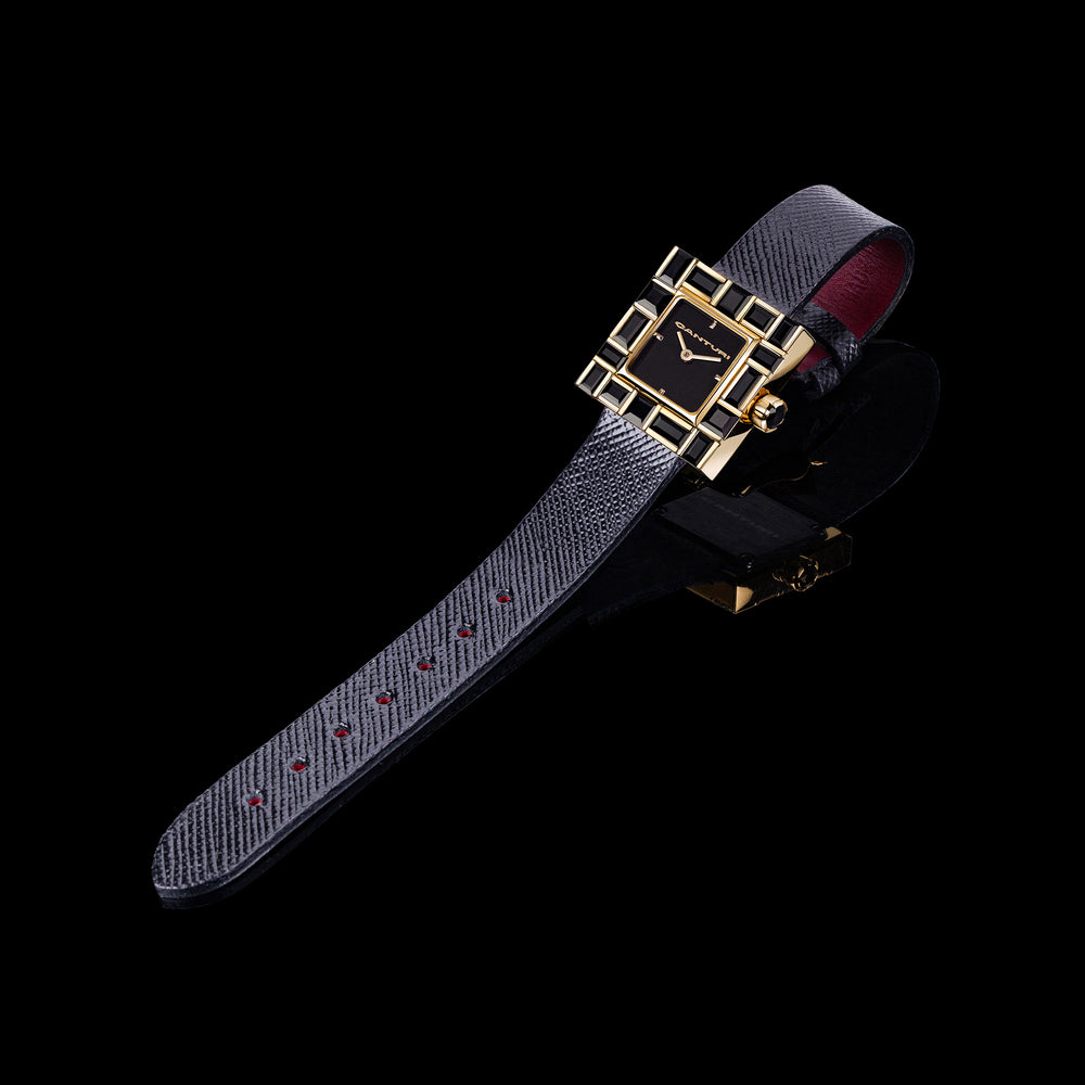 Canturi Australian black sapphire watch with black dial and Italian Leather Strap in yellow gold side view