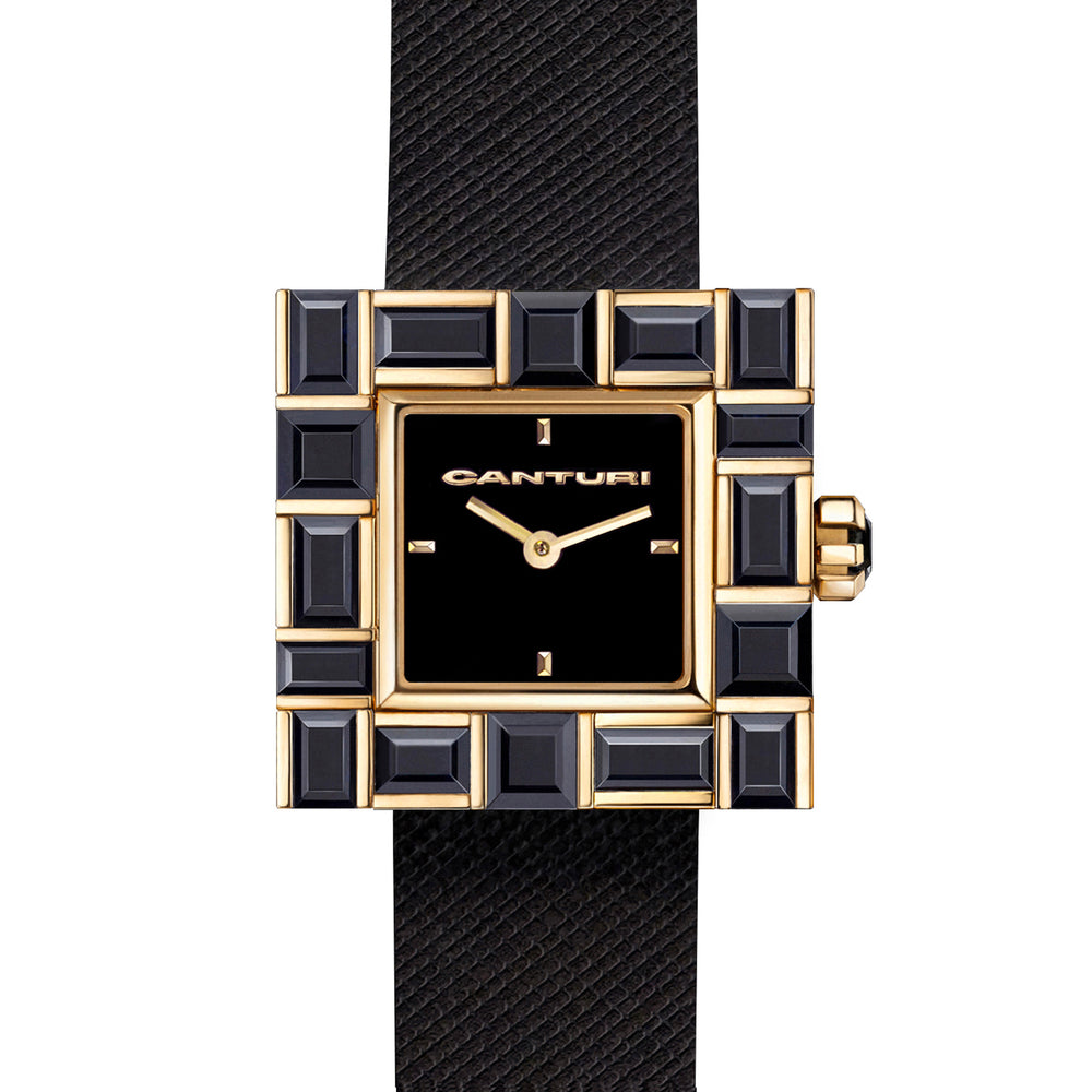 Canturi Australian black sapphire watch with black dial and Italian Leather Strap in yellow gold