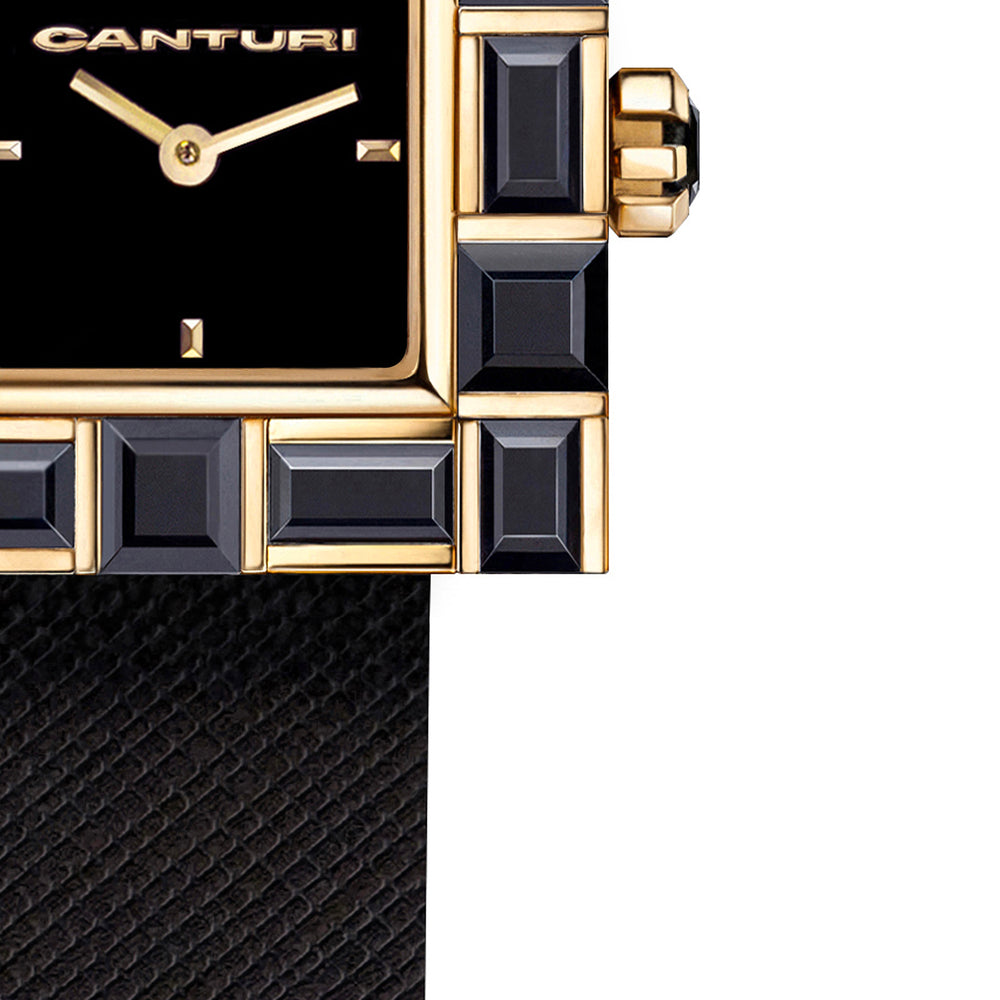 Canturi Australian black sapphire watch with black dial and Italian Leather Strap in yellow gold close up