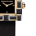 Canturi Australian black sapphire watch with black dial and Italian Leather Strap in yellow gold close up