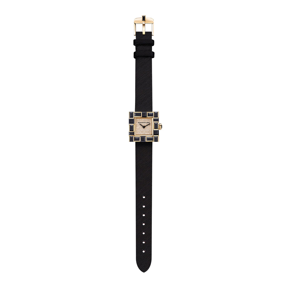 Canturi Cubism Watch with Australian black sapphire Bezel and Diamond Dial with Italian Leather Strap in yellow gold