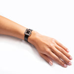 Canturi Australian black sapphire watch with black dial and Italian Leather Strap in rose gold on model
