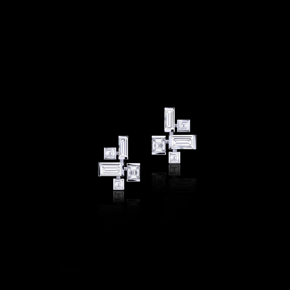 Cubism earrings with natural baguette and carre cut diamonds set in 18ct white gold by Stefano Canturi