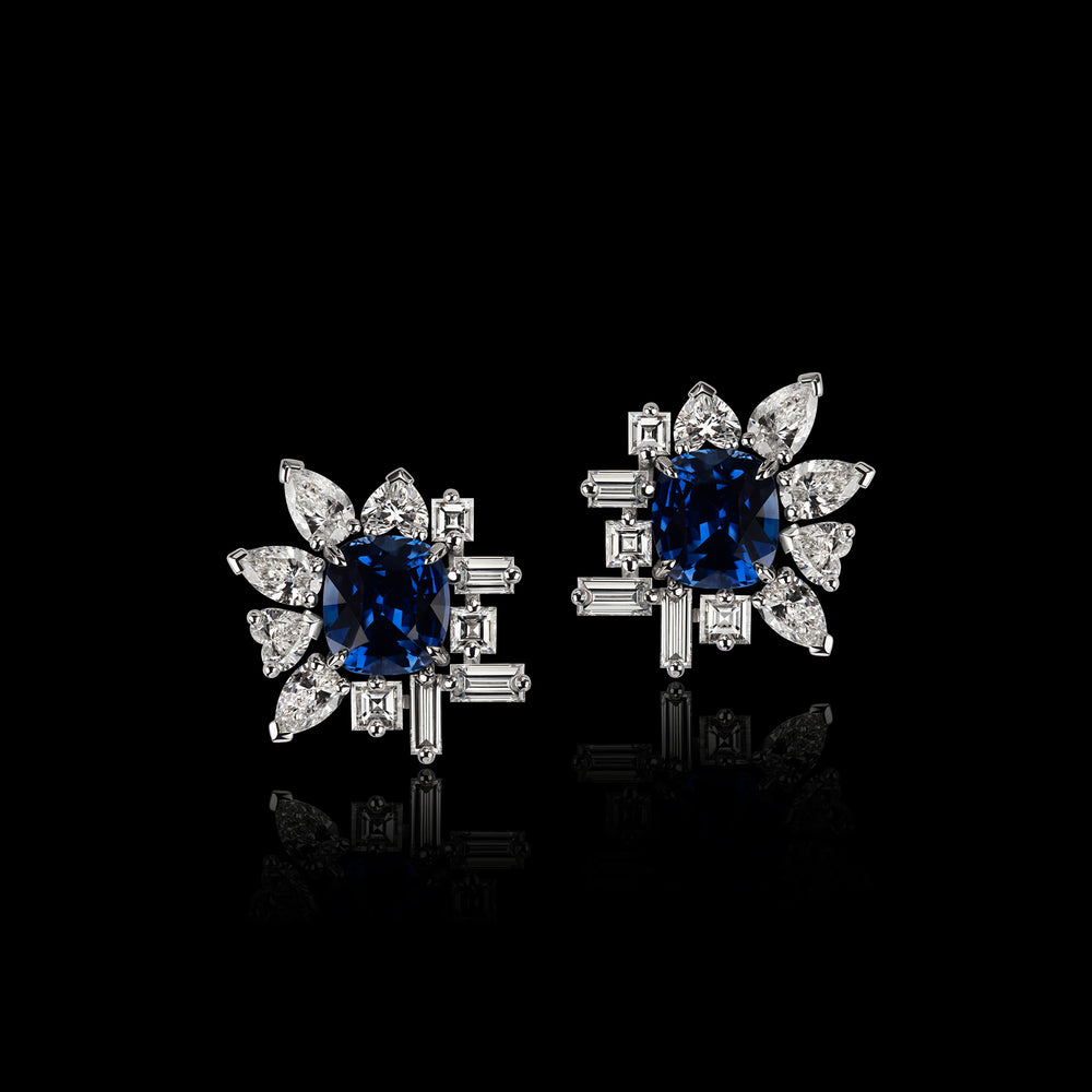 Di Lusso 4.98ct cushion cut ceylon blue sapphires and diamonds earrings set in white gold by Stefano Canturi