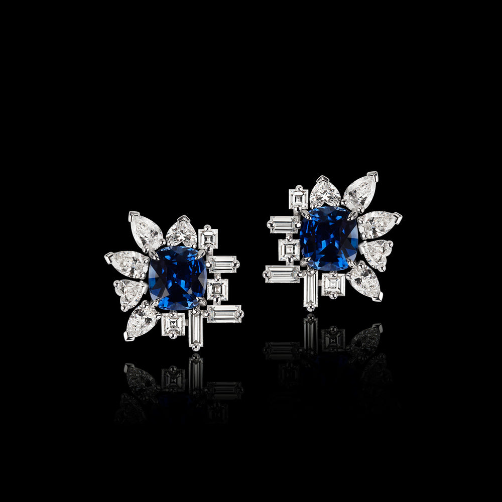 Di Lusso 4.98ct cushion cut ceylon blue sapphires and diamonds earrings set in white gold by Stefano Canturi