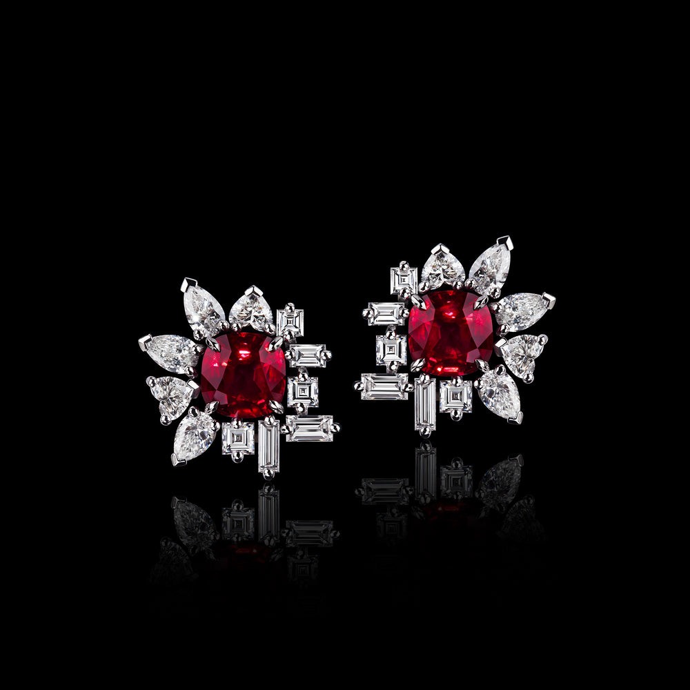Di Lusso 4.89ct cushion cut Burmese ruby and diamonds earrings set in white gold by Stefano Canturi