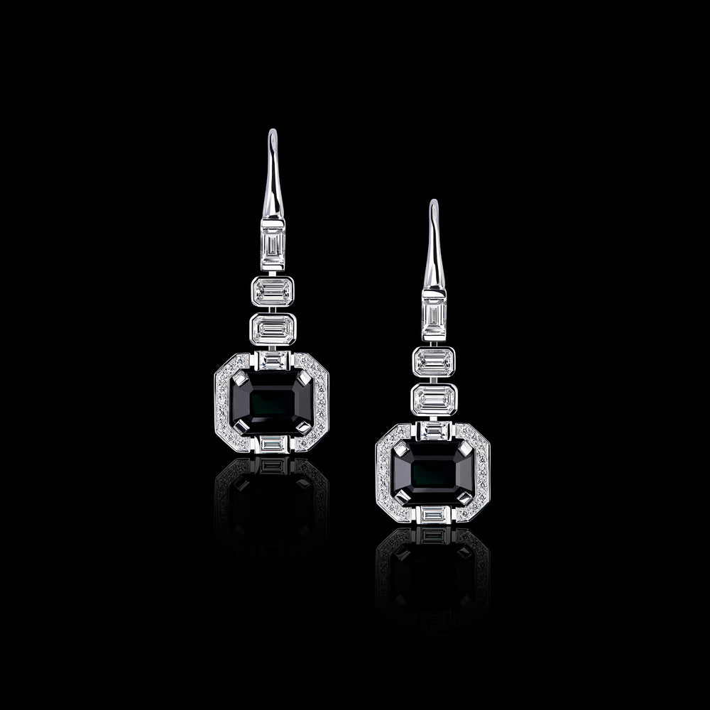 Regina Royale Australian black Sapphires and natural diamonds drop earrings set in white gold by Stefano Canturi 
