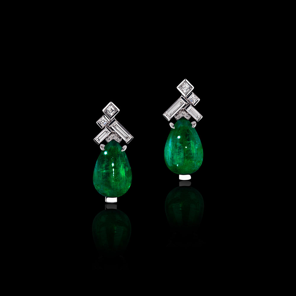 Cubism Abstract pear shape Zambian emerald and diamond earrings set in 18ct white gold by Stefano Canturi