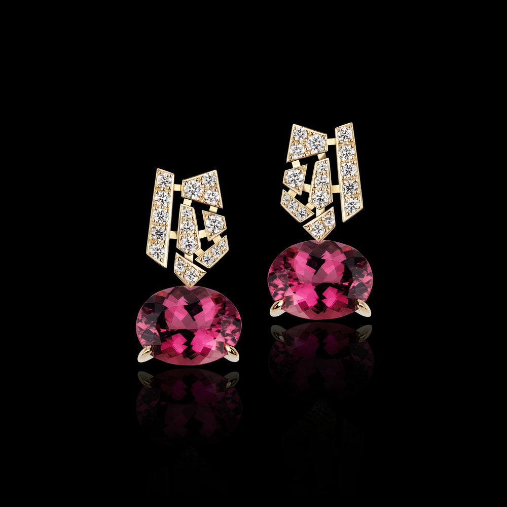 Abstract diamond and rubellite earrings in 18ct yellow gold by Stefano Canturi