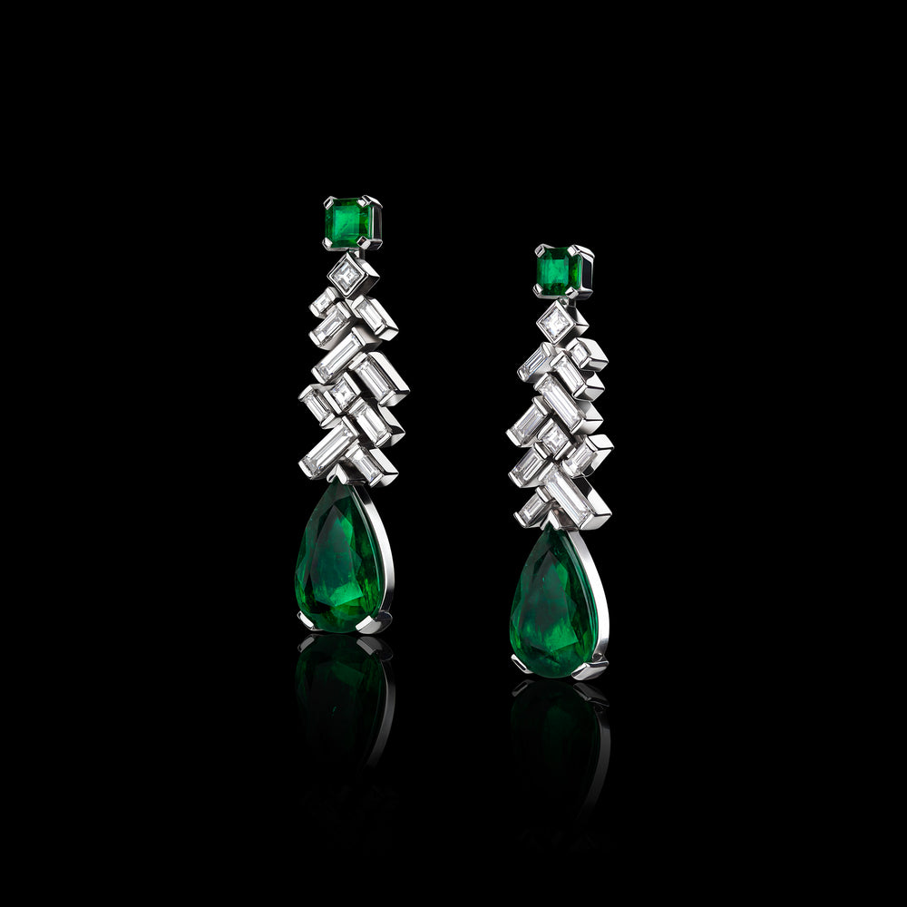 Cubism Abstract diamonds and Zambian green emeralds set in white gold drop earrings by Stefano Canturi - 537613