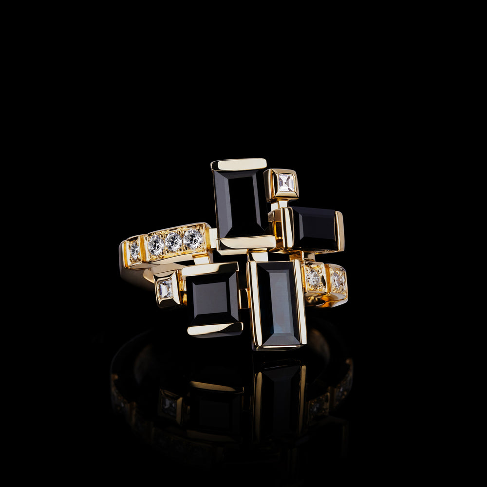 Cubism Australian black sapphire and diamond ing set in yellow gold by Stefano Canturi