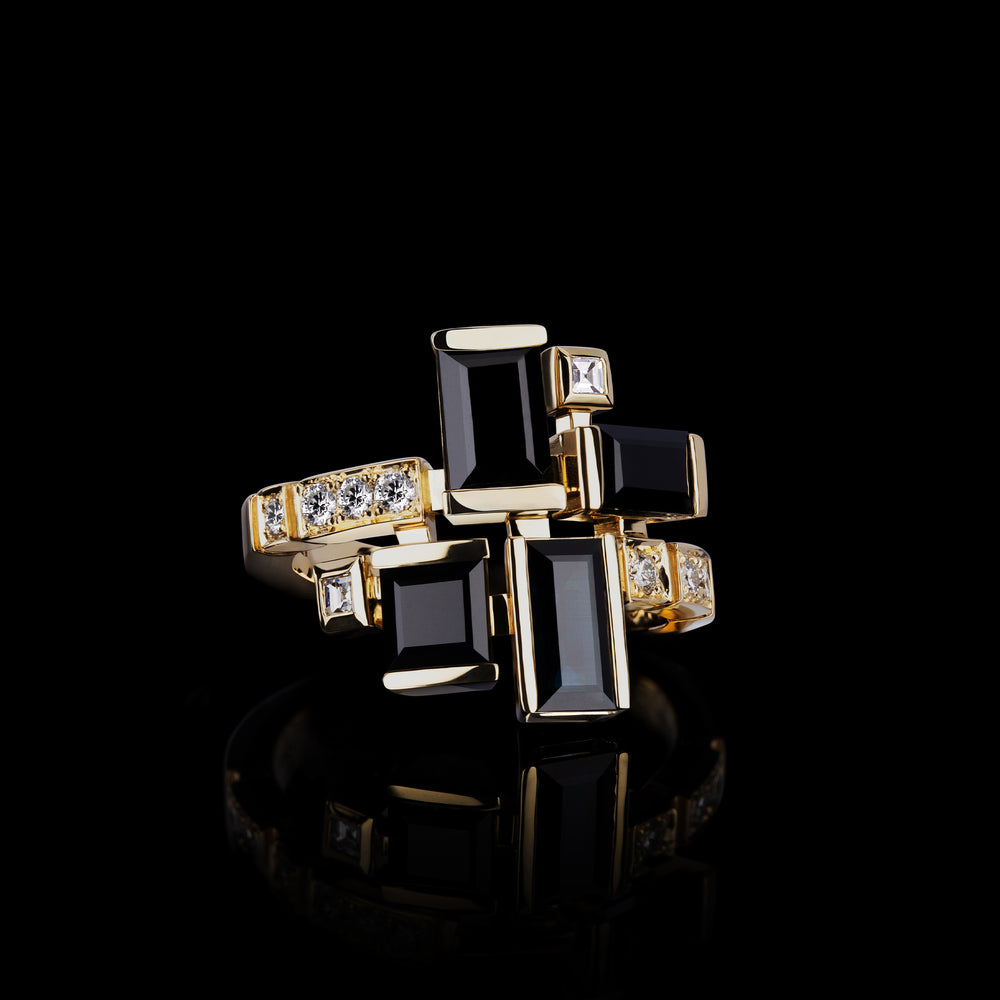 Cubism colourburst Australian black sapphire and diamond ing set in yellow gold by Stefano Canturi