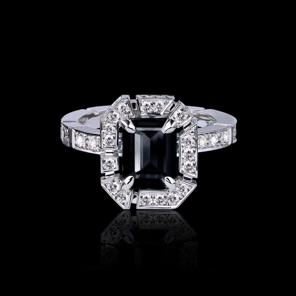 Regina diamond halo ring with emerald cut Australian black sapphire set in 18ct white gold by Stefano Canturi
