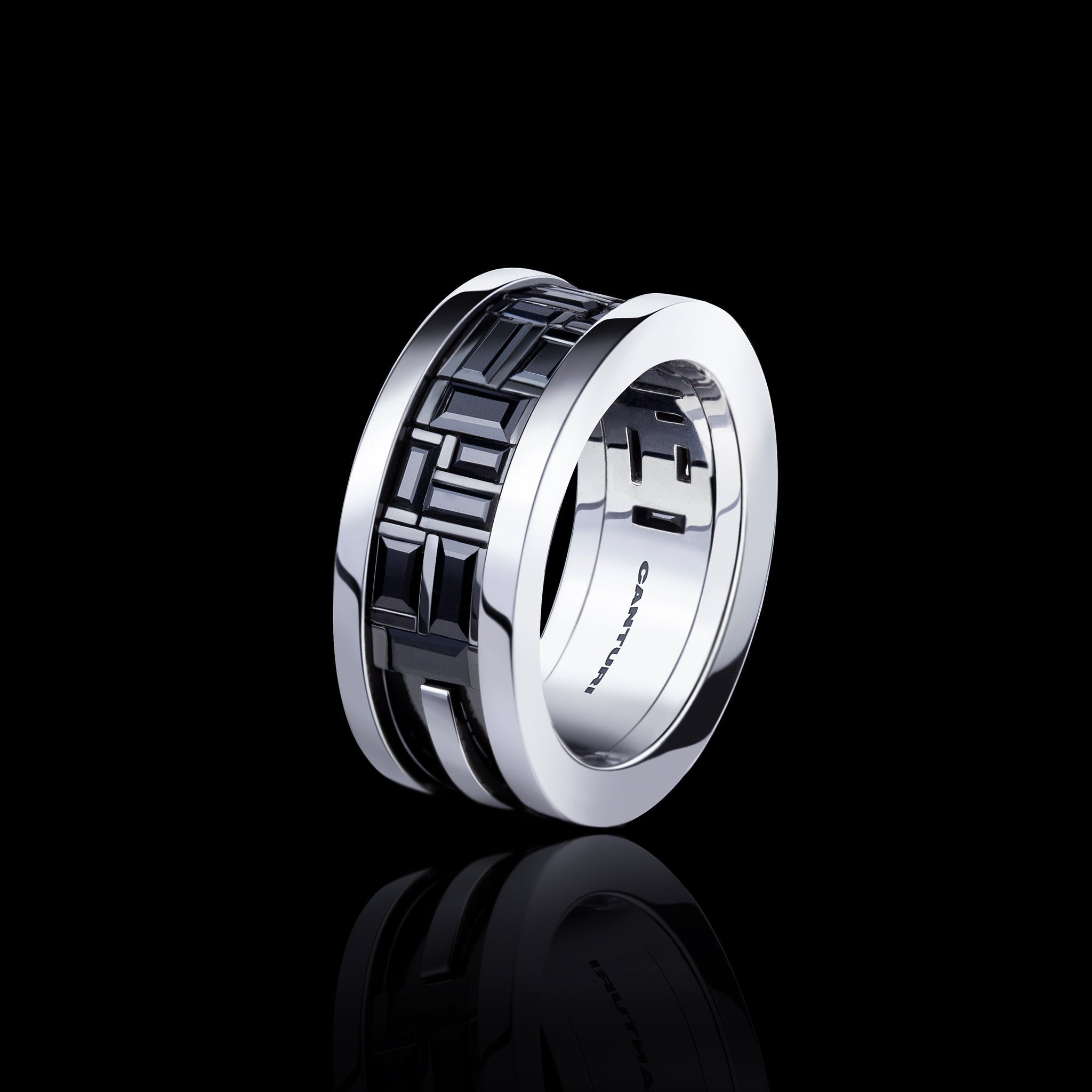 Cubism medium 18ct white gold ring with baguette and carre Australian black sapphires by Stefano Canturi