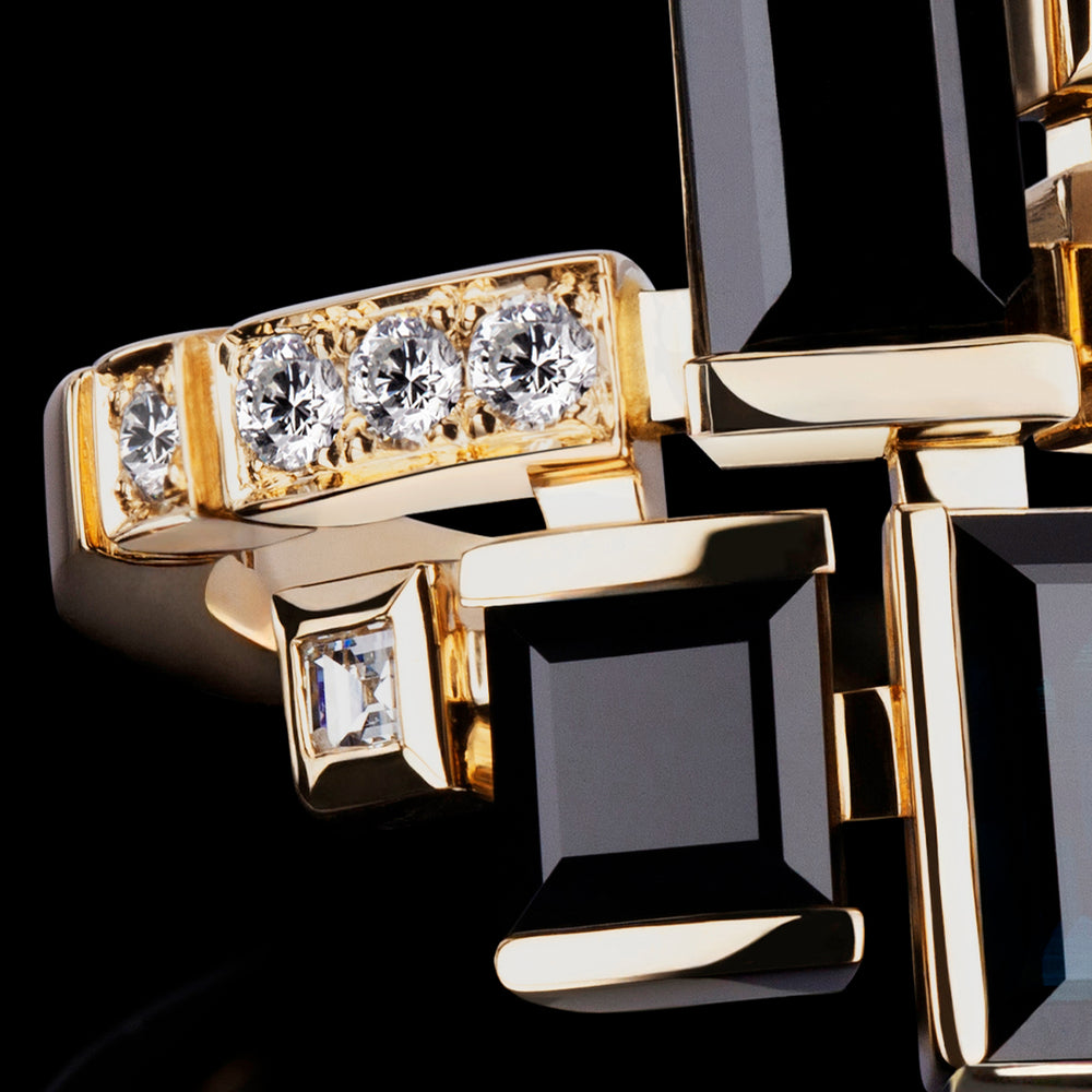 Cubism Australian black sapphire and diamond ing set in yellow gold by Stefano Canturi