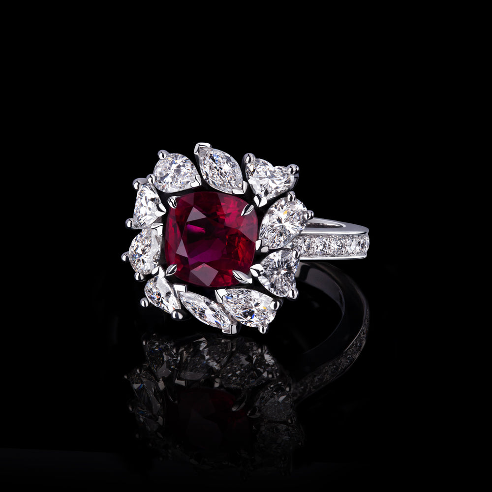 Primavera diamond halo ring with 2.52ct cushion cut Burmese Ruby set in 18ct white gold by Stefano Canturi