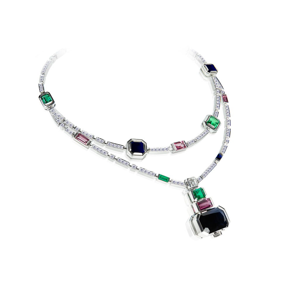 Regina Royale diamond, Zambian emerald, Australian midnight blue sapphire, pink tourmaline necklace set in 18ct white gold by Stefano Canturi