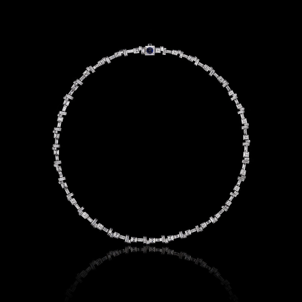 Cubism Radiant diamond Line necklace set in 18ct white gold with Ceylon blue sapphire in the clasp by Stefano Canturi.