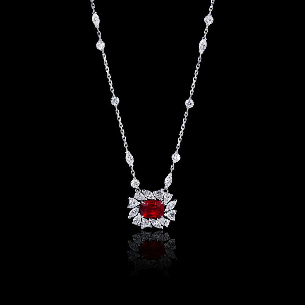 Primavera 5.76ct cushion cut Burmese ruby and diamonds necklace set in white gold by Stefano Canturi