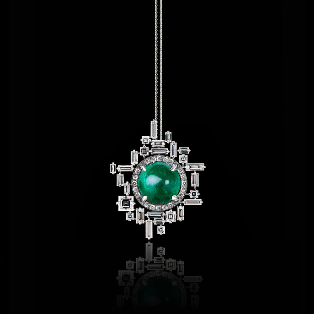 Stella diamond and Zambian green emerald necklace set in 18ct white gold