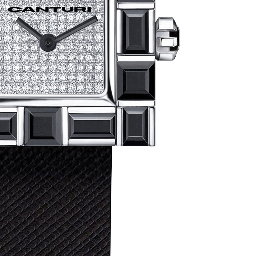 Canturi Cubism Watch with Australian black sapphire Bezel and Diamond Dial with Italian Leather Strap in white gold