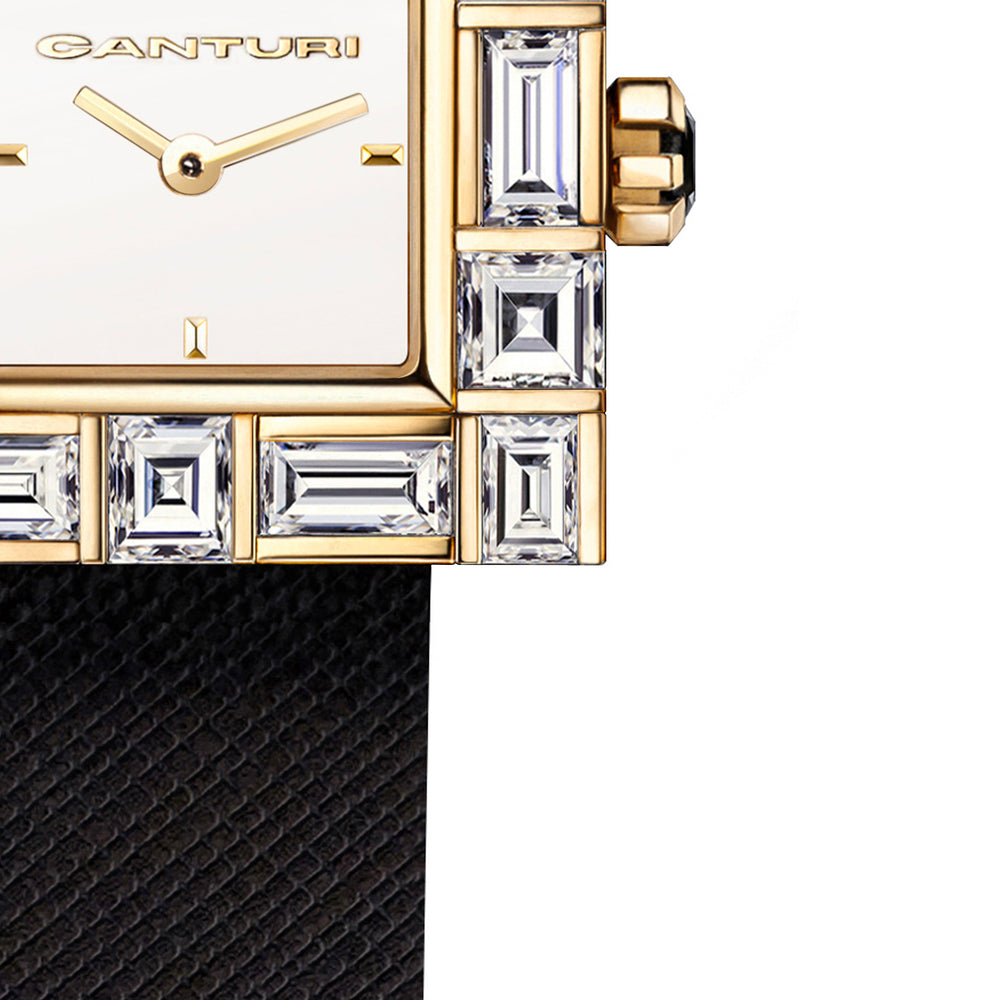 Canturi Cubism Watch with Diamond Bezel and Italian Leather Strap in yellow gold
