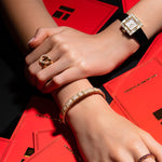 Eternal full set diamond bangle in 18ct yellow gold, Canturi Cubism Watch with Diamond Bezel and Italian Leather Strap in yellow gold and Affinity 2 Link ring crafted in 18ct yellow gold, adorned with round brilliant cut pavé set diamonds by Stefano Canturi