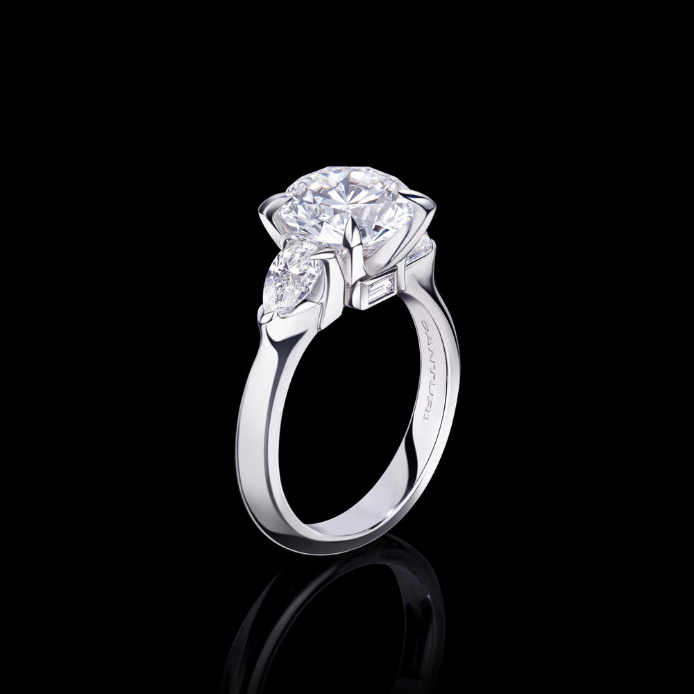 Trilogy 3.70ct round diamond engagement ring with pear shape diamonds set in 18ct white gold by Stefano Canturi