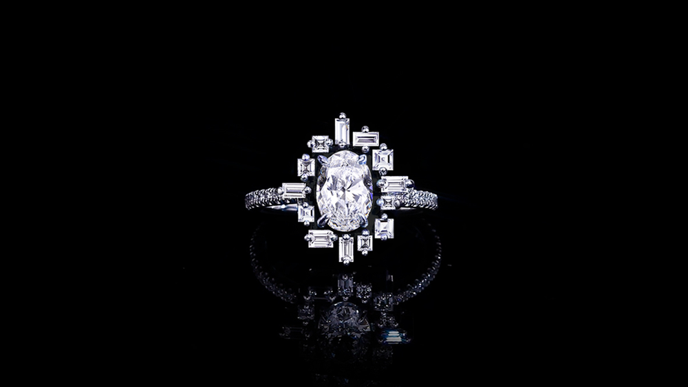 Stella 1.01ct Oval diamond engagement ring with baguette and carré diamonds by Stefano Canturi