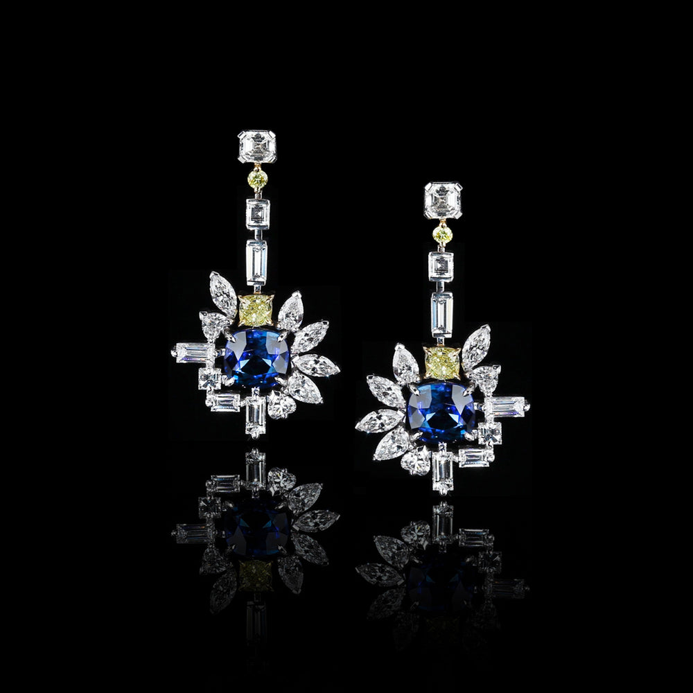 Di Lusso ceylon sapphire, yellow diamond and natural diamond drop earrings in 18ct white gold by Stefano Canturi