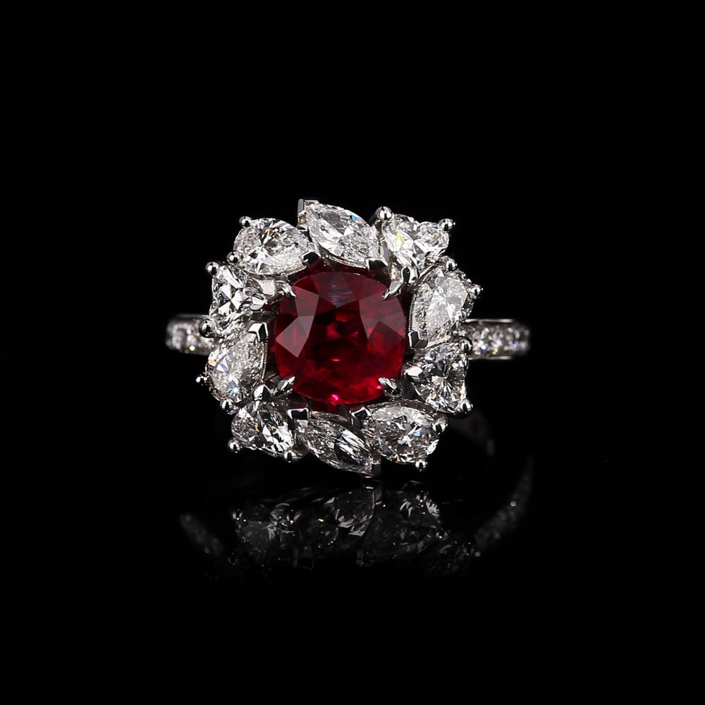 Primavera diamond halo ring with 2.52ct cushion cut Burmese Ruby set in 18ct white gold by Stefano Canturi
