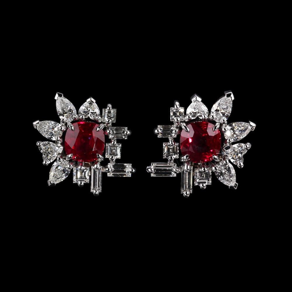 Di Lusso 4.89ct cushion cut Burmese ruby and diamonds earrings set in white gold by Stefano Canturi
