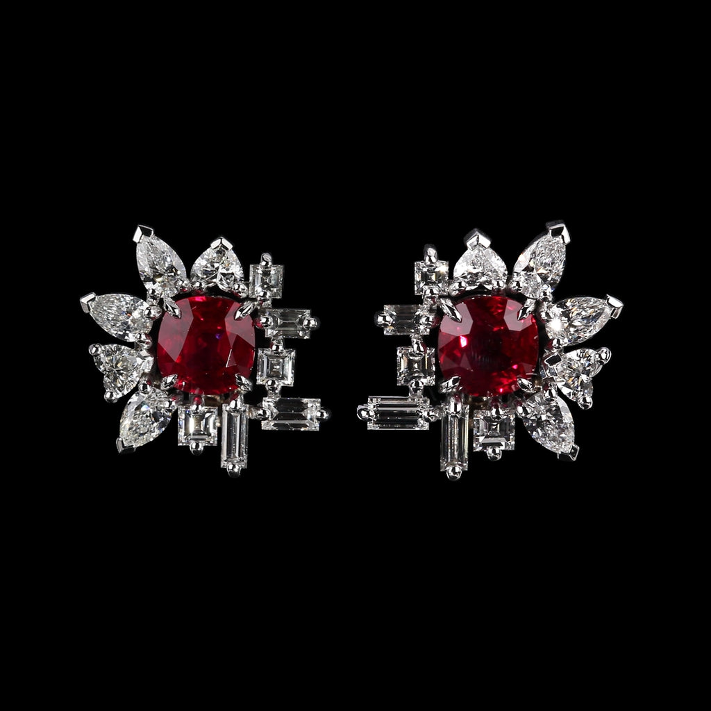 Di Lusso 4.89ct cushion cut Burmese ruby and diamonds earrings set in white gold by Stefano Canturi