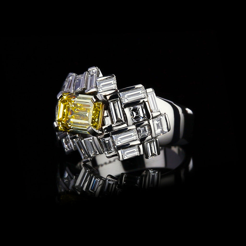 Cubism Radiant domed diamond ring featuring emerald cut fancy intense yellow diamond by Stefano Canturi