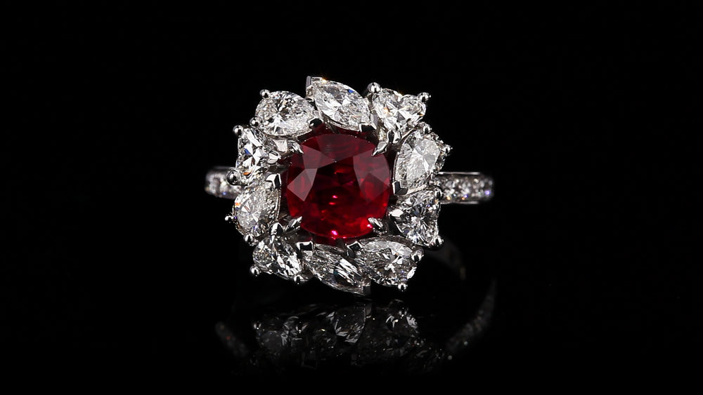 Primavera diamond halo ring with 2.52ct cushion cut Burmese Ruby set in 18ct white gold by Stefano Canturi
