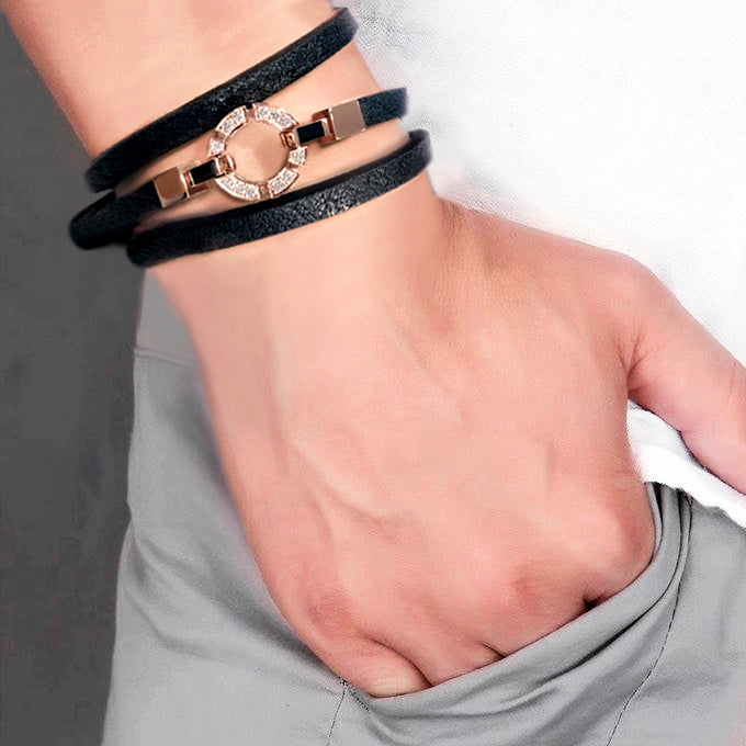 Regina 18ct pink gold single link diamond and Australian black sapphire leather bracelet by Stefano Canturi