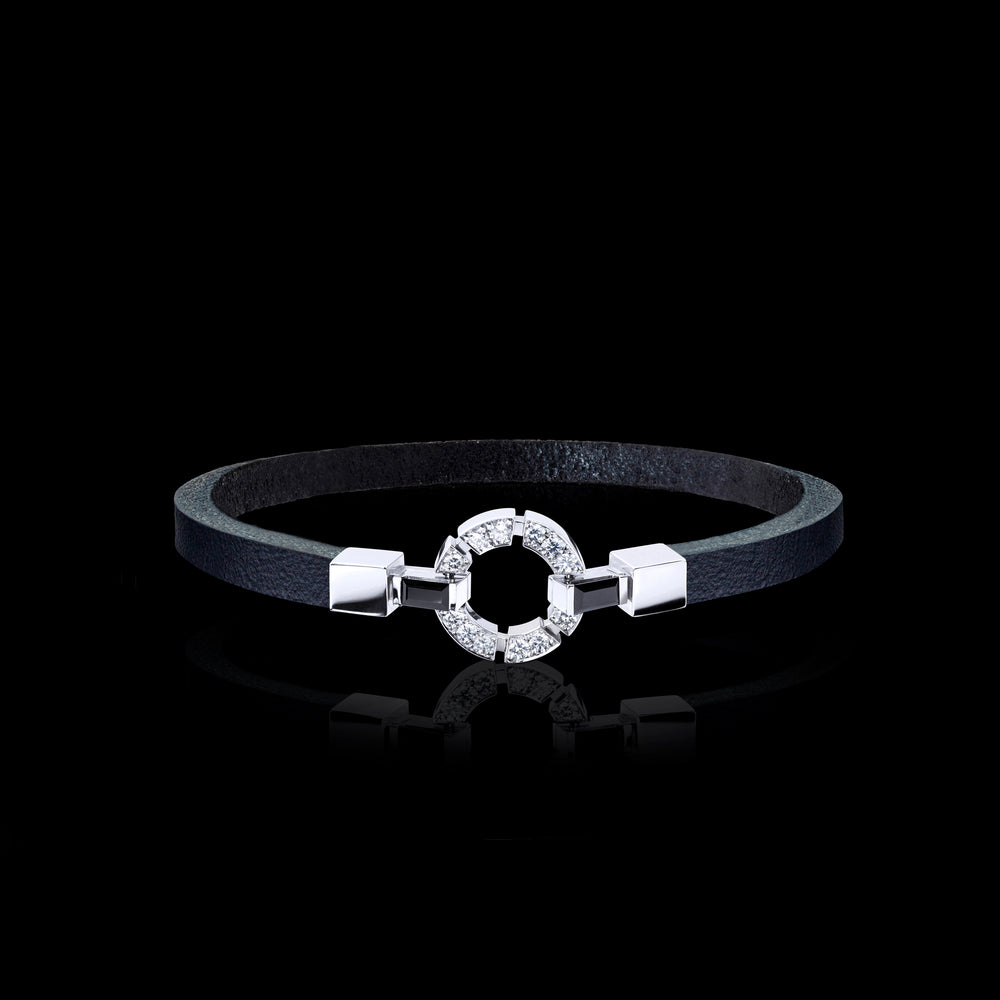 Regina 18ct white gold single link diamond and Australian black sapphire leather bracelet by Stefano Canturi