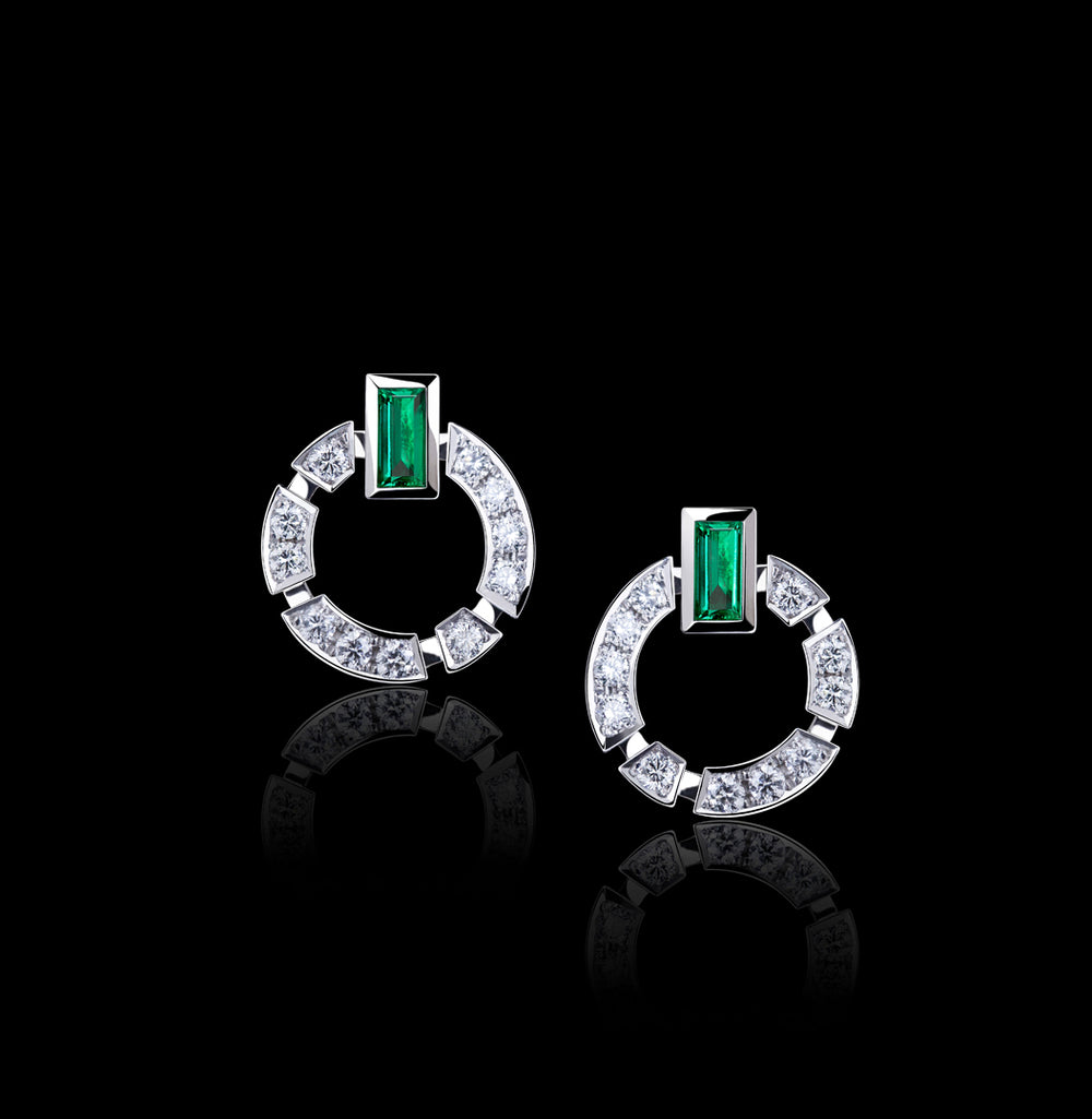 Regina diamond and green emerald earrings in 18ct white gold by Stefano Canturi