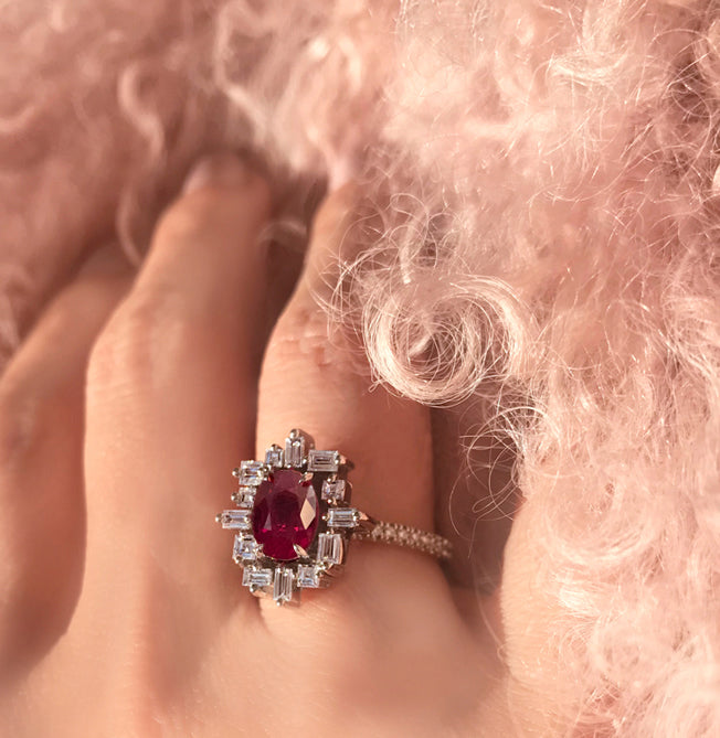 Joy - Oval Ruby and Pear Shape Diamond Ring | PurpleMay