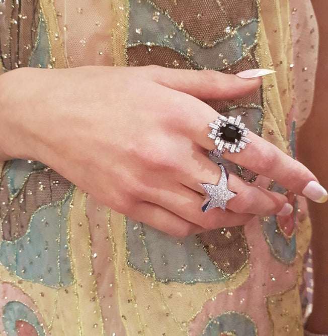 Stella diamond and Australian black sapphire ring and Odyssey diamond Star ring in 18ct white gold by Stefano Canturi