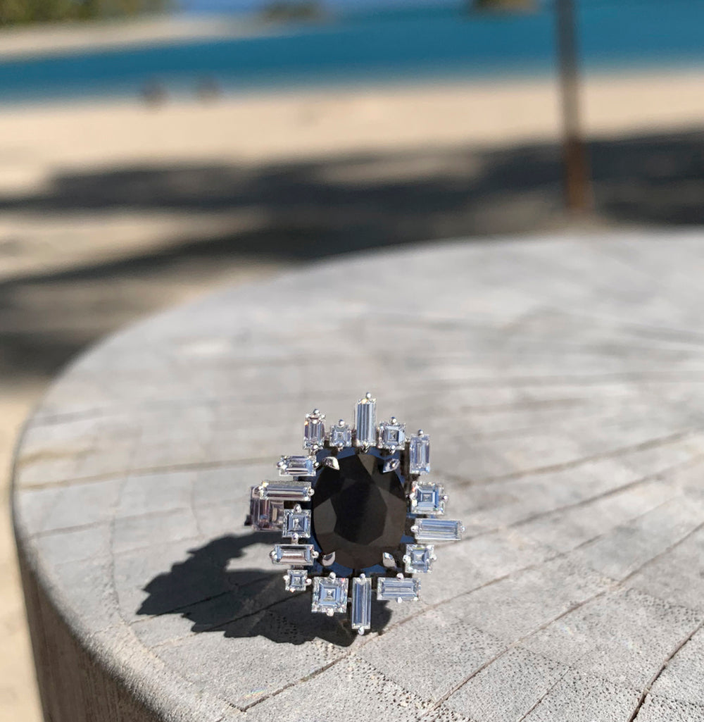 Stella diamond and Australian black sapphire ring set in 18ct white gold by Stefano Canturi