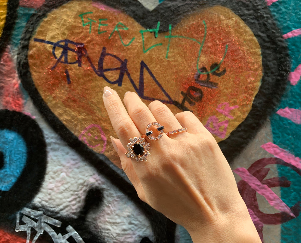 Stella and Regina diamond and Australian black sapphire rings by Stefano Cantur