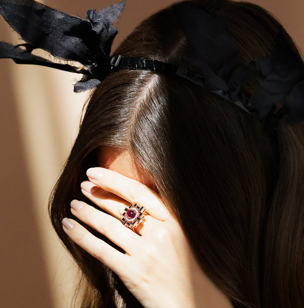 Stella diamond, pink tourmaline and Australian black sapphire ring by Stefano Canturi