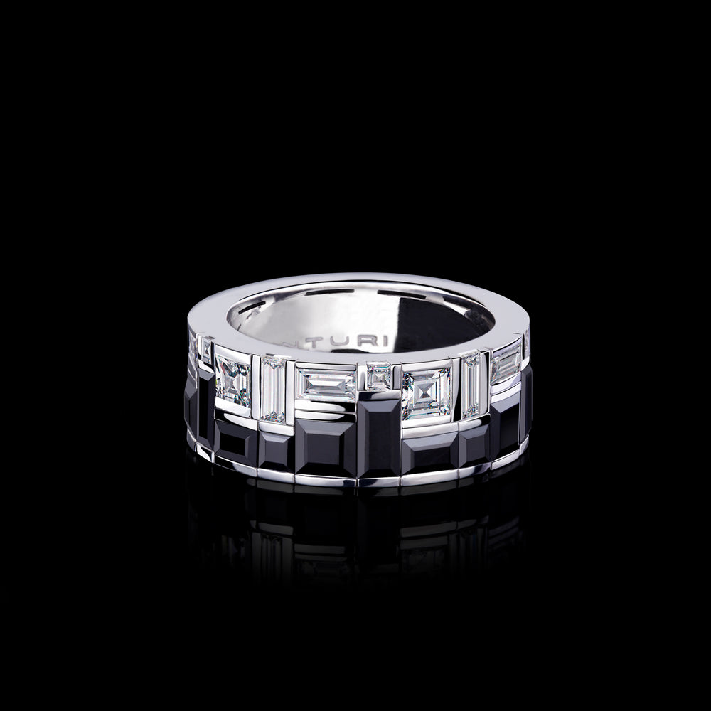 Cubism Radiant Diamond and Australian Black Sapphire Ring set in 18ct White Gold by Stefano Canturi