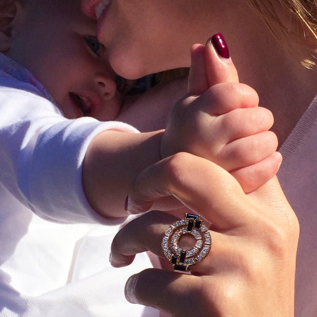 Regina double link diamond and Australian black sapphire ring by Stefano Canturi